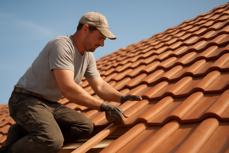 charpentier posant tuiles sur toiture en pente