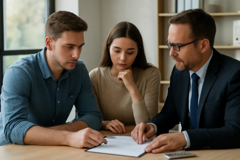 client discutant d'un pret construction avec conseiller