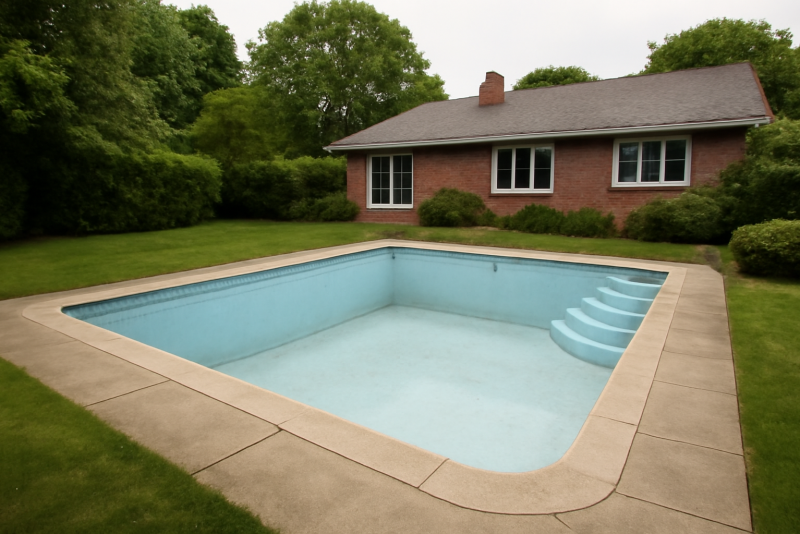 piscine vide dans jardin proche maison