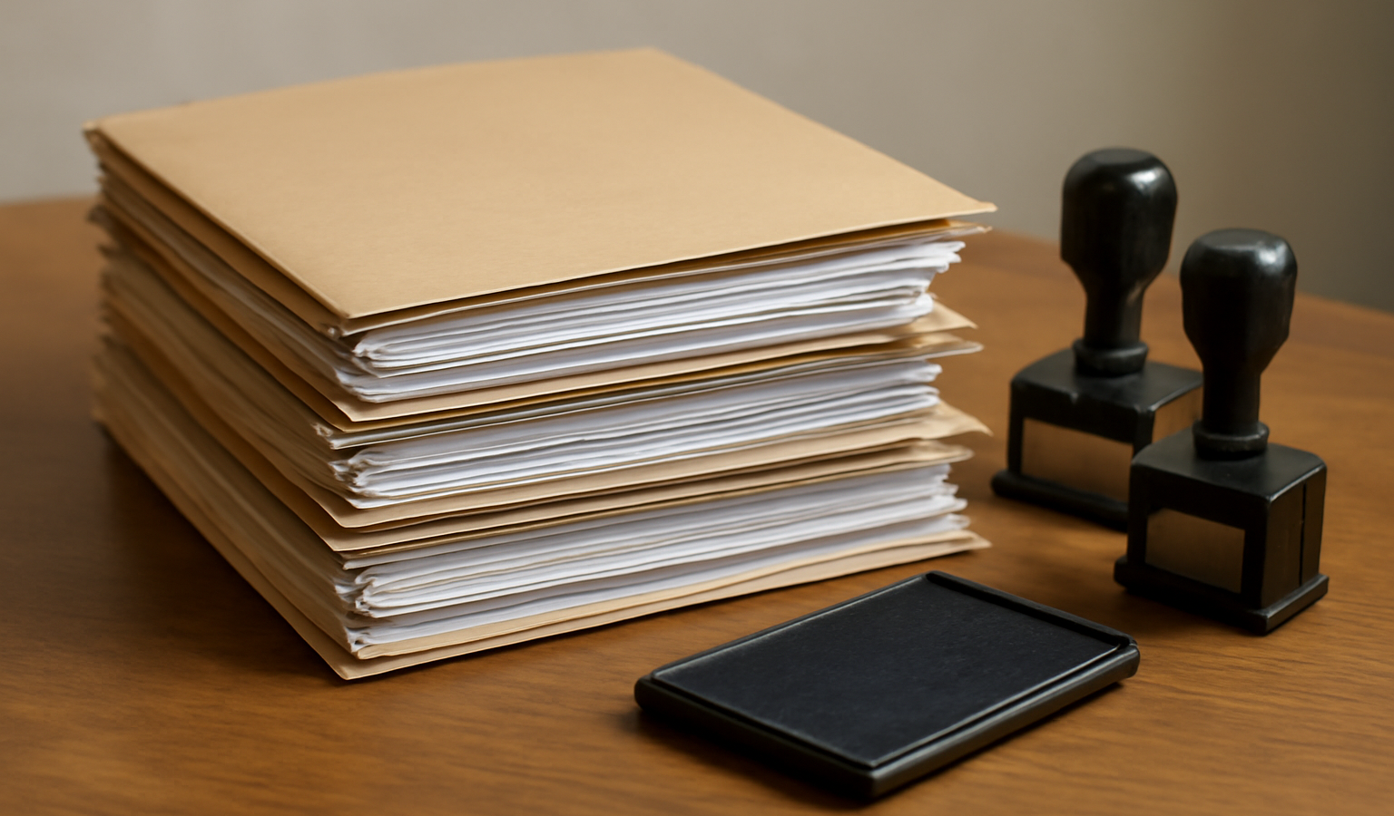 pile de dossiers et timbres administratifs sur bureau