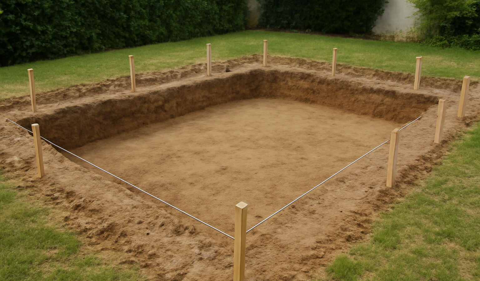 terrain prepare avec piquets pour piscine