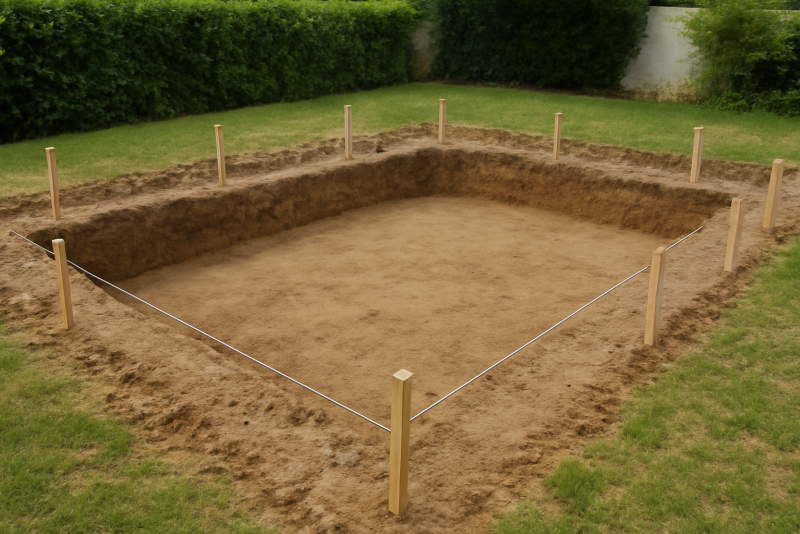 terrain prepare avec piquets pour piscine