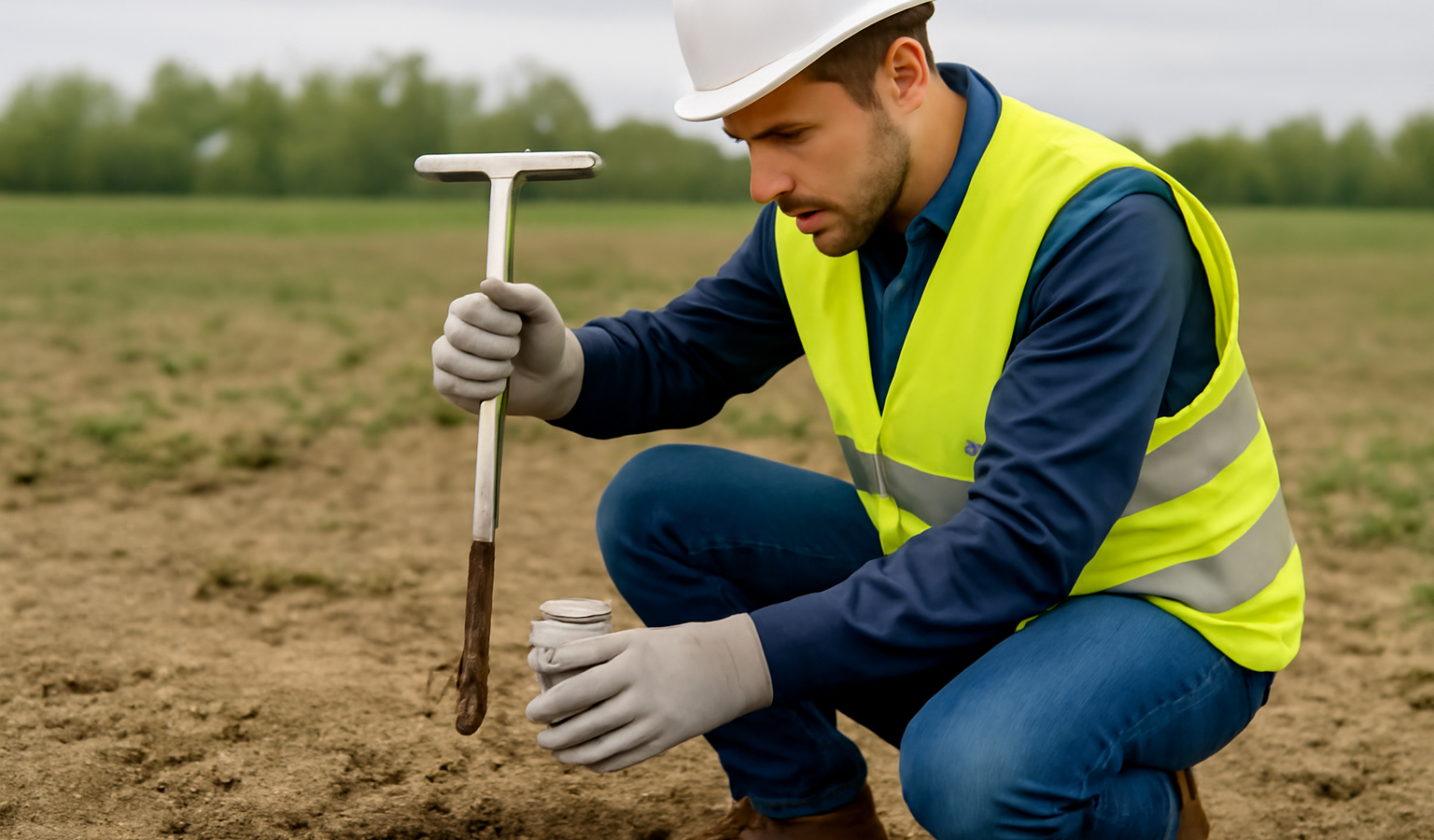technicien prelevant un echantillon de sol