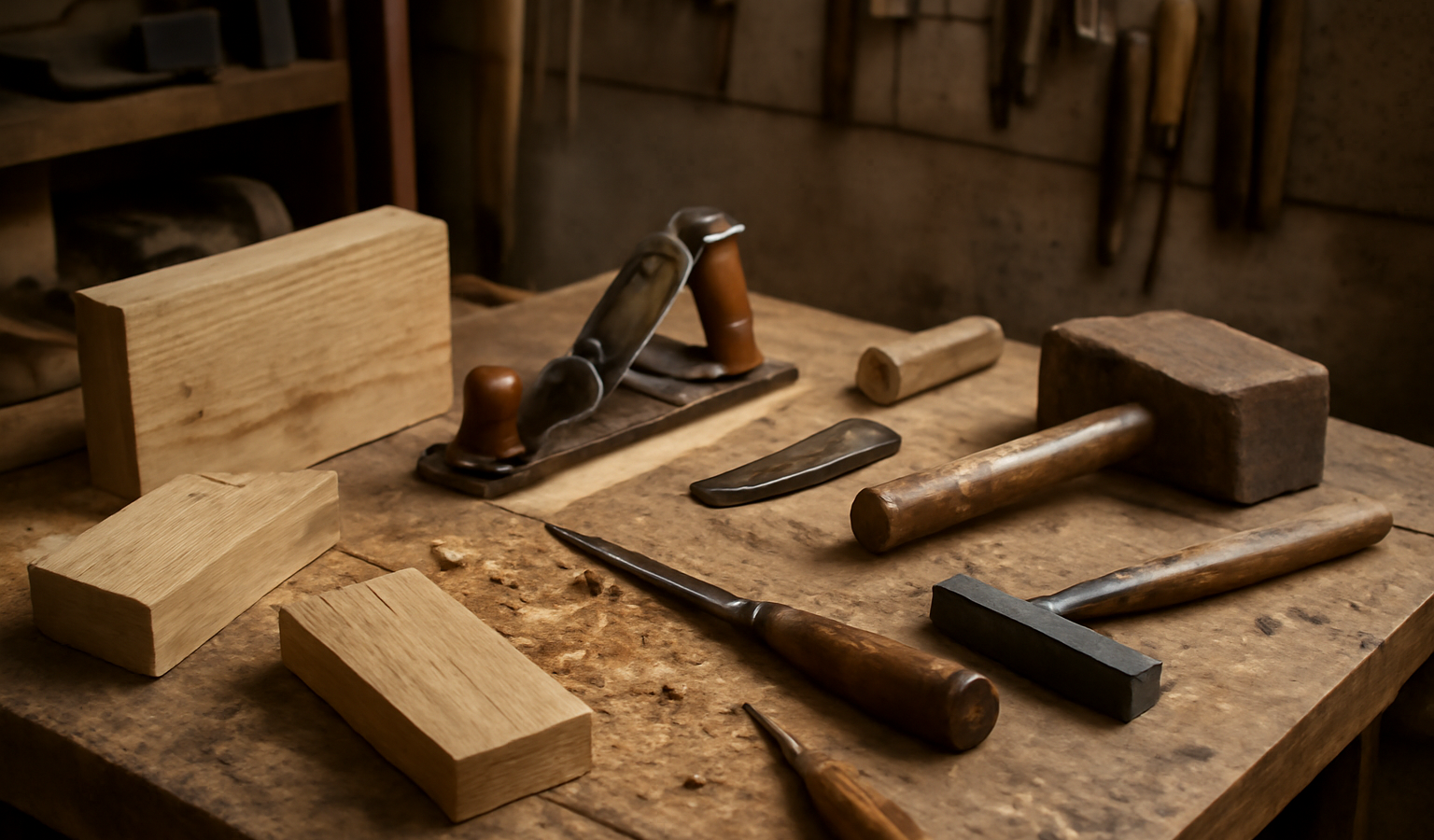 atelier avec outils et morceaux de bois sur établi