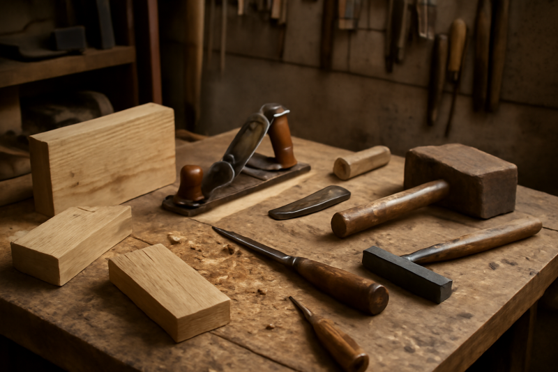 atelier avec outils et morceaux de bois sur établi