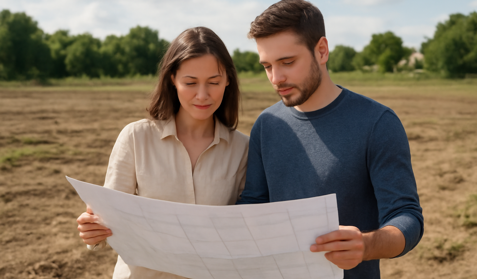 couple consultant plans devant terrain