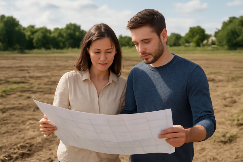 couple consultant plans devant terrain