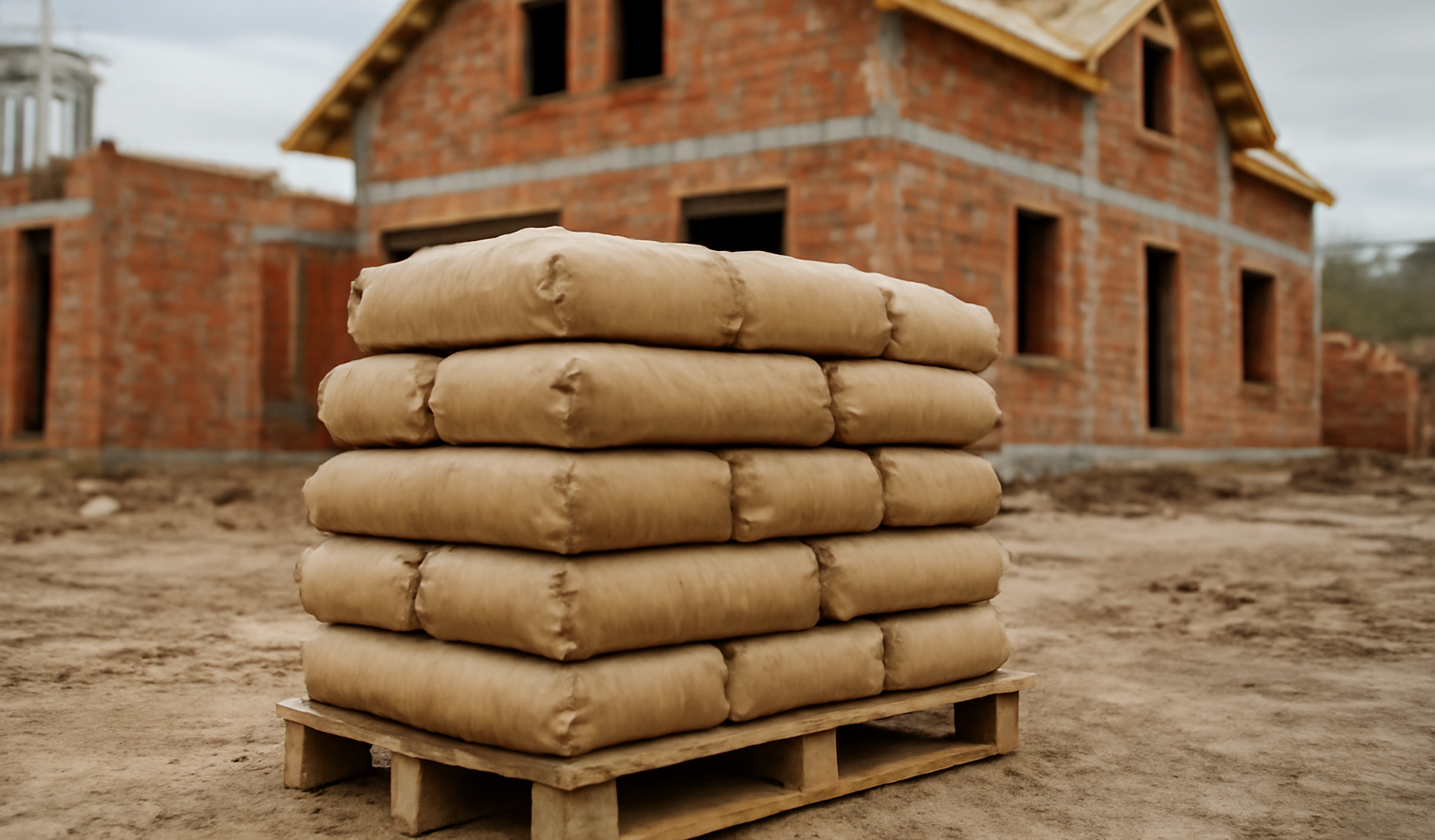 palette de sacs de ciment devant maison en construction