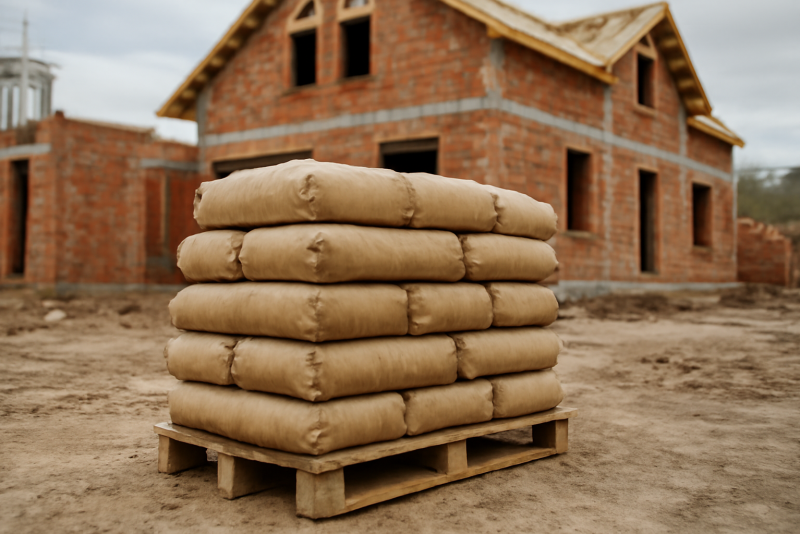 palette de sacs de ciment devant maison en construction