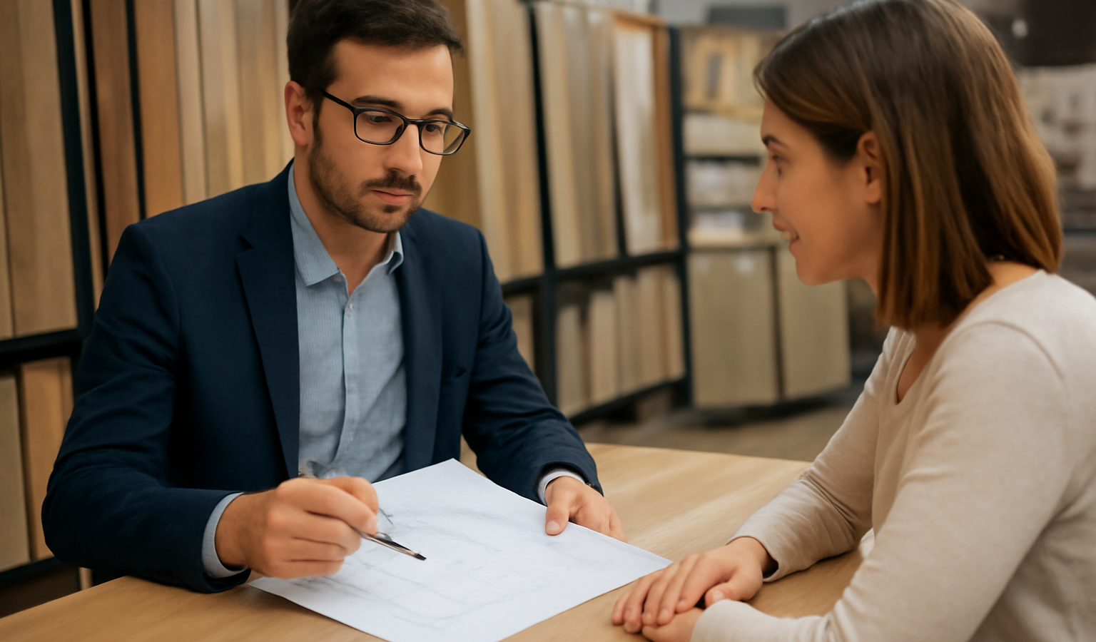 conseiller discutant plans avec client en magasin