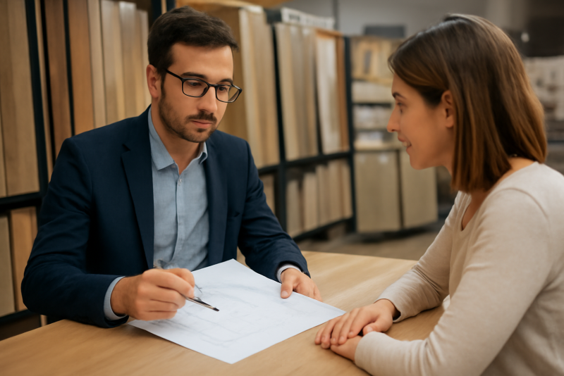 conseiller discutant plans avec client en magasin