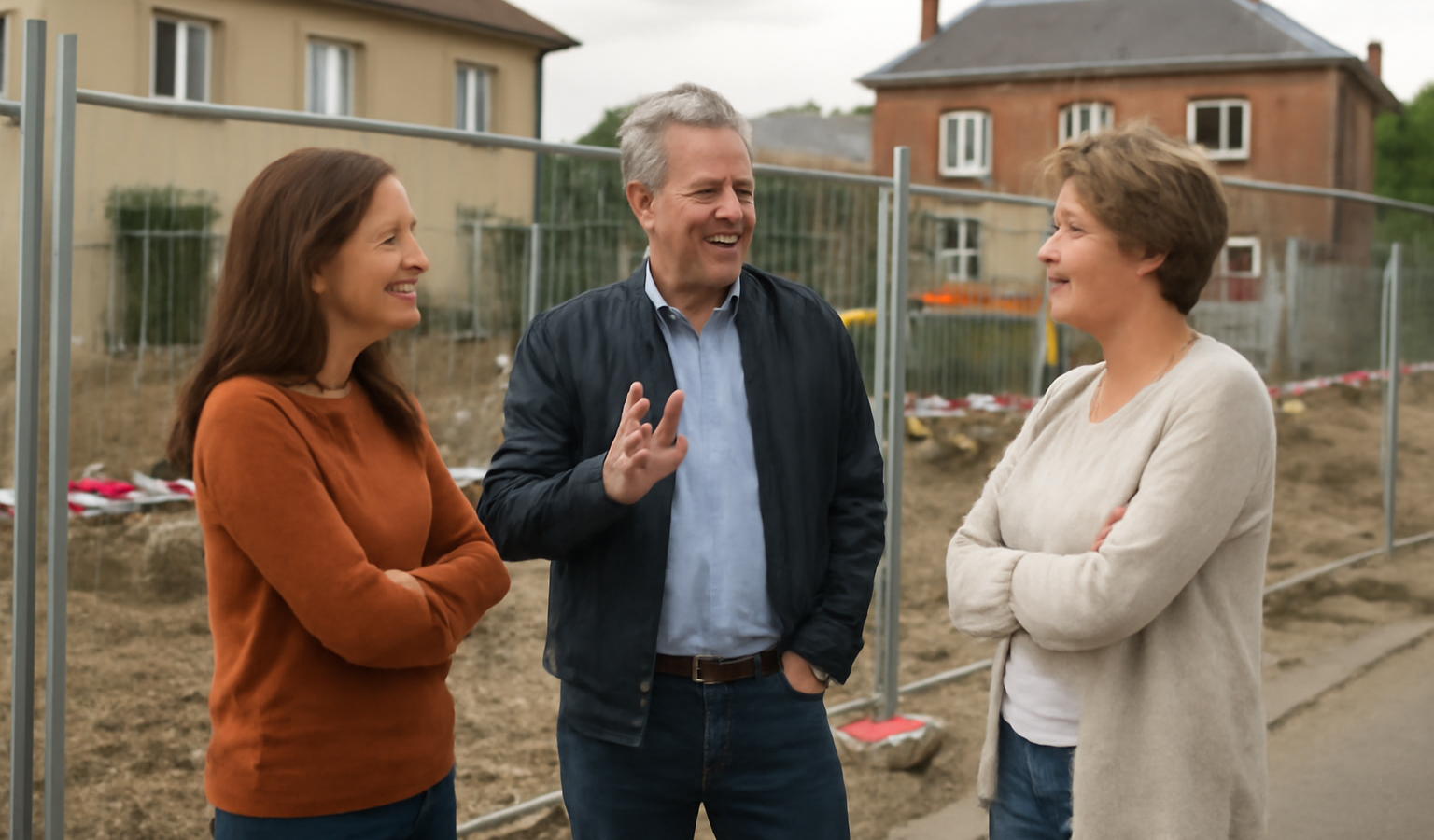 voisins discutant près d'un chantier cloturé