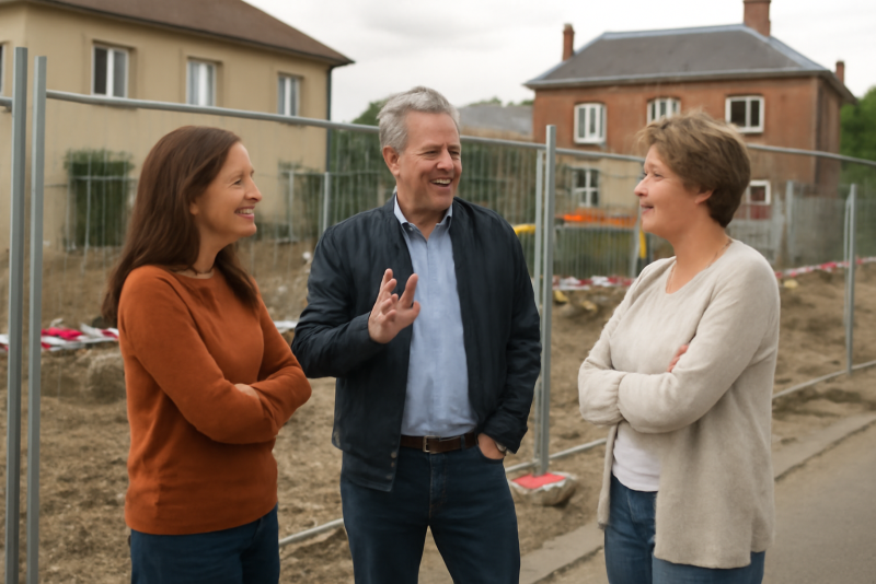 voisins discutant près d'un chantier cloturé
