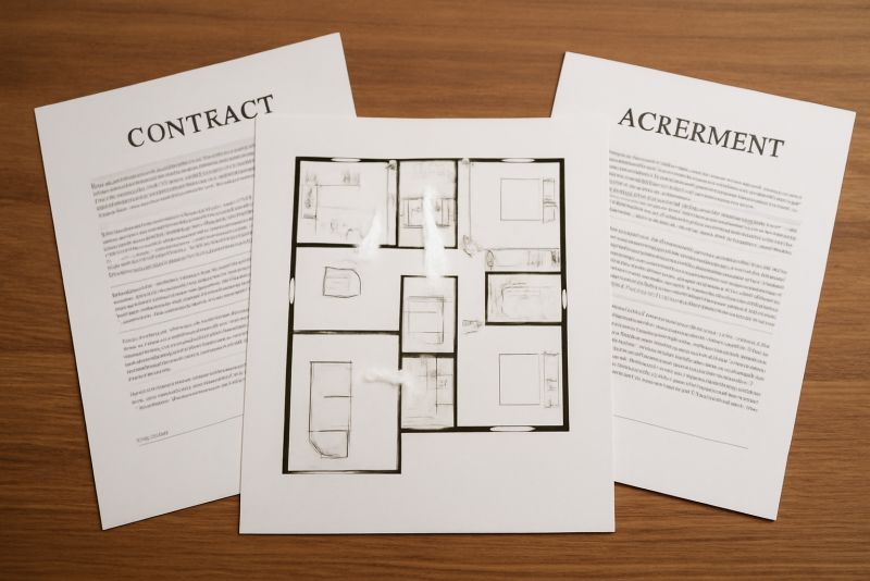 plan de maison pose entre deux documents contractuels