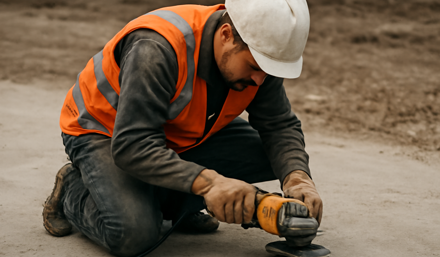 ouvrier manipulant outil de chantier sur sol