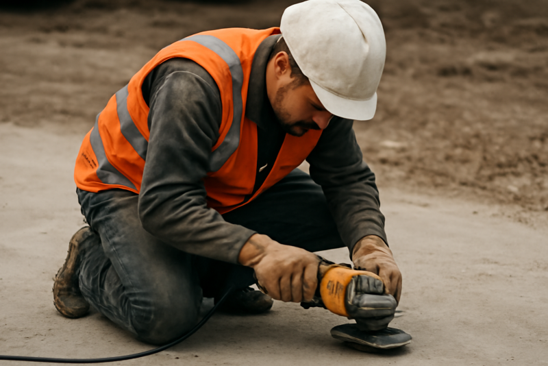 ouvrier manipulant outil de chantier sur sol