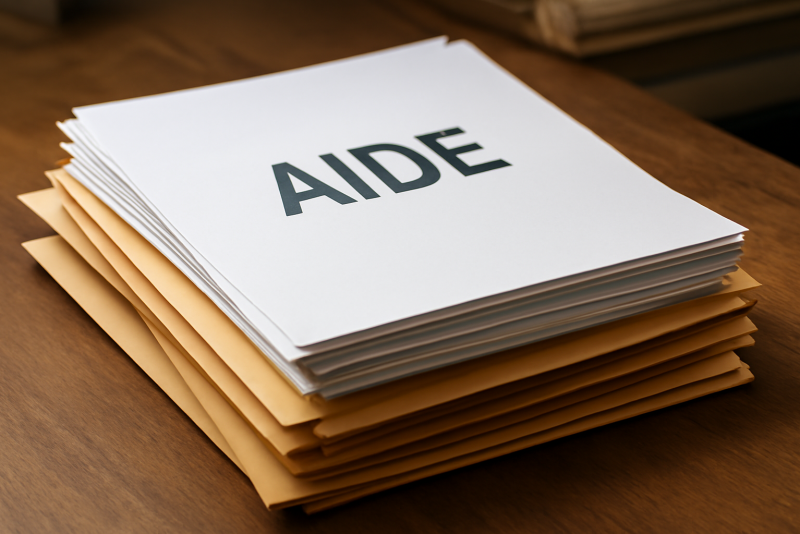 pile de dossiers et enveloppes d'aides sur table
