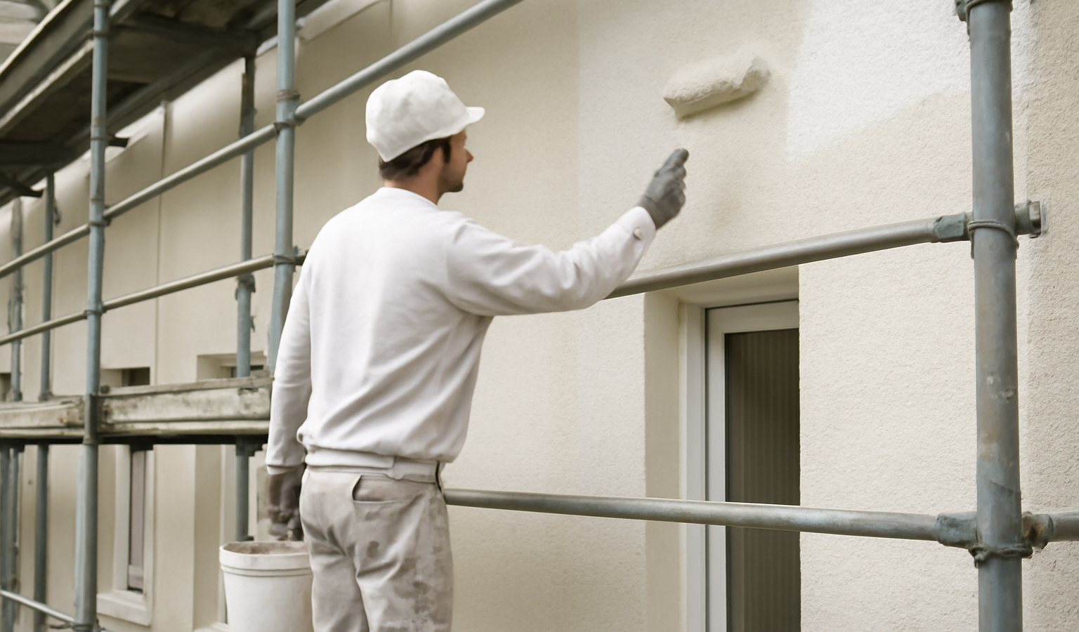 échafaudage et ouvrier appliquant peinture façade