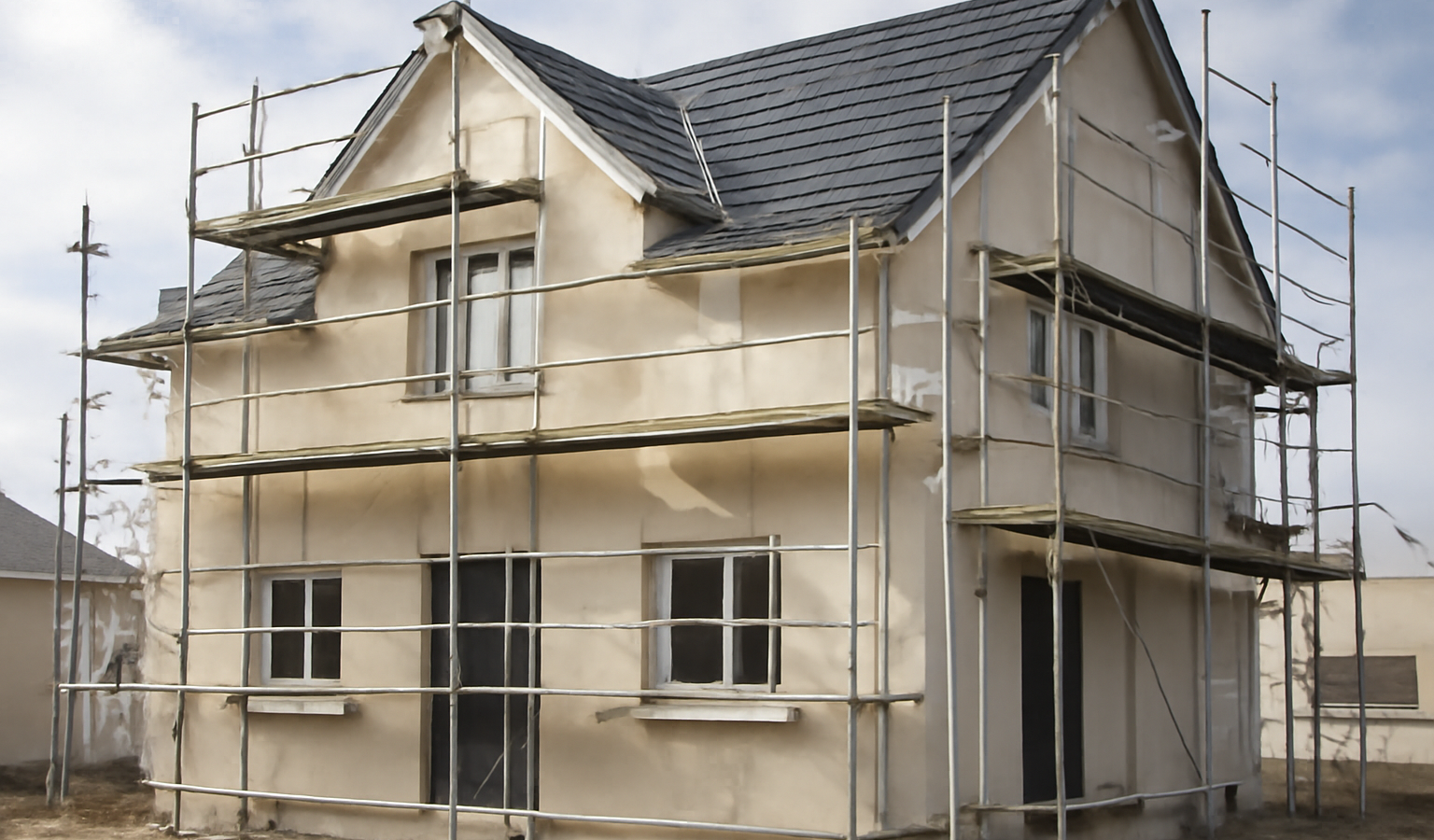 maison neuve avec echafaudage et reparations