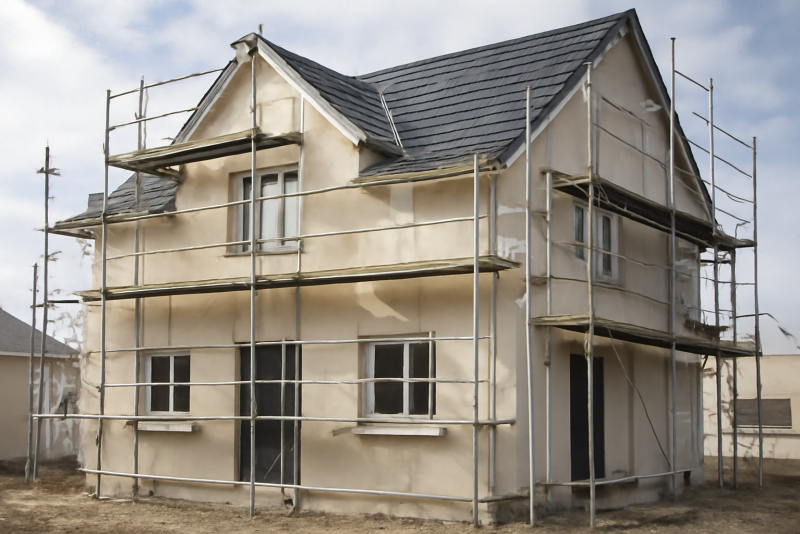 maison neuve avec echafaudage et reparations