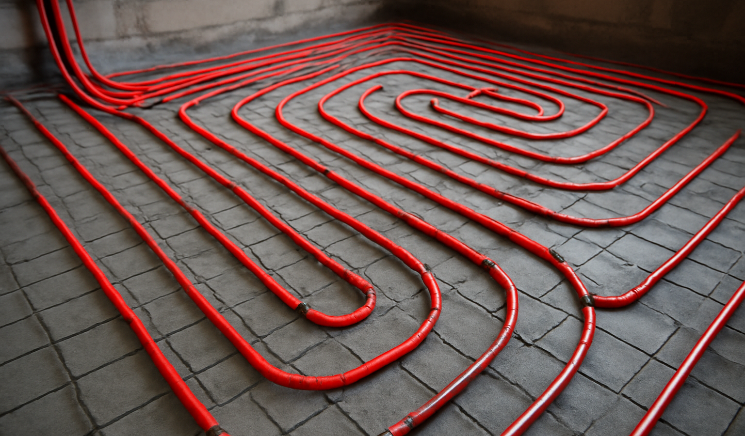 installation circuit chauffage sous chape en chantier