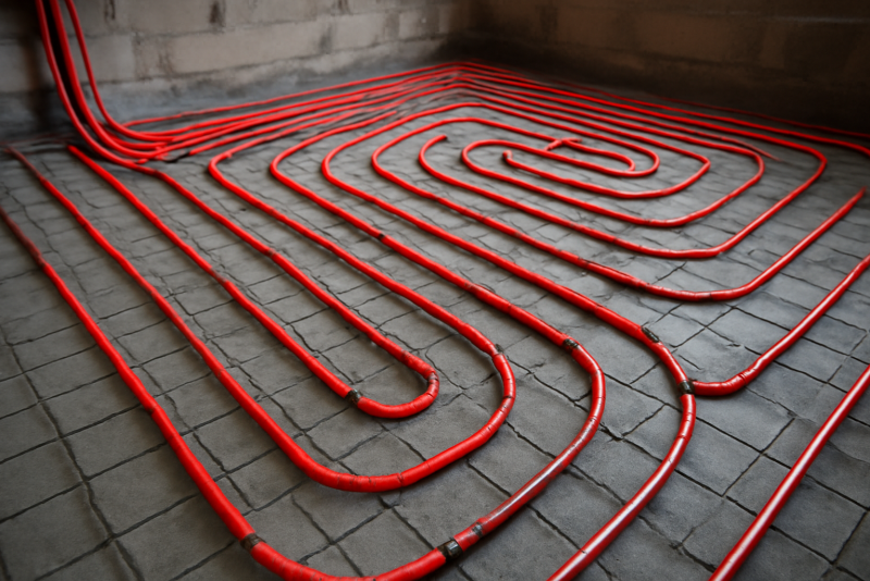 installation circuit chauffage sous chape en chantier