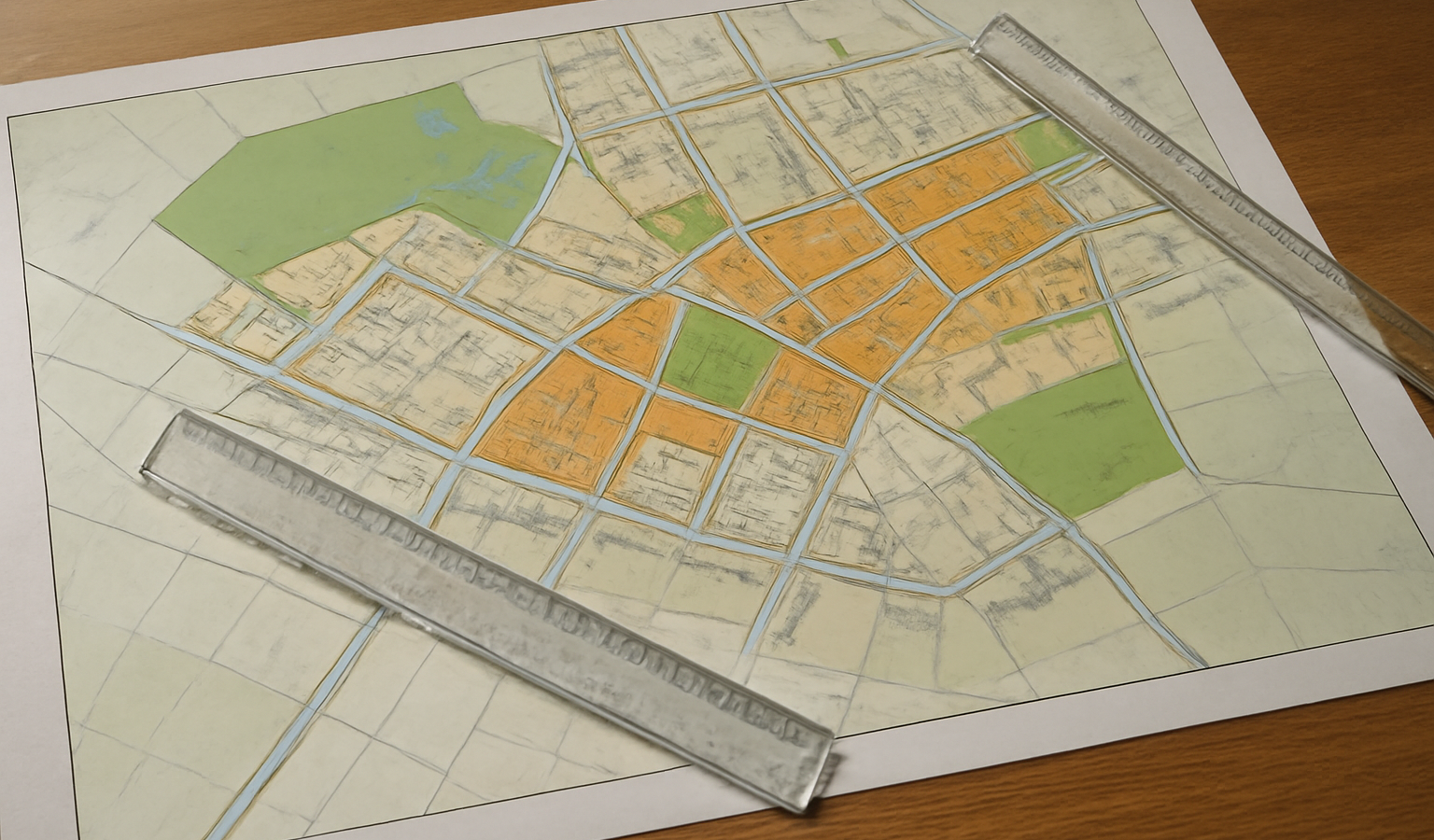 plan local d'urbanisme étalé sur table avec regles