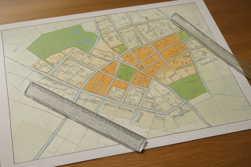 plan local d'urbanisme étalé sur table avec regles