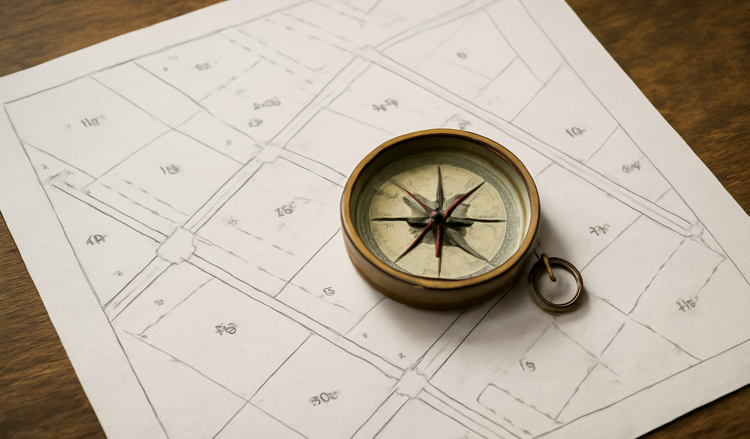 plan cadastral posé sur table avec boussole