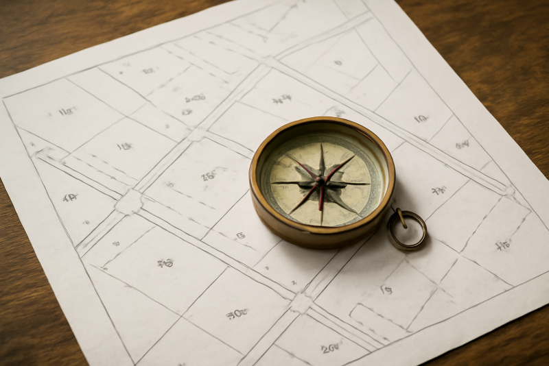 plan cadastral posé sur table avec boussole