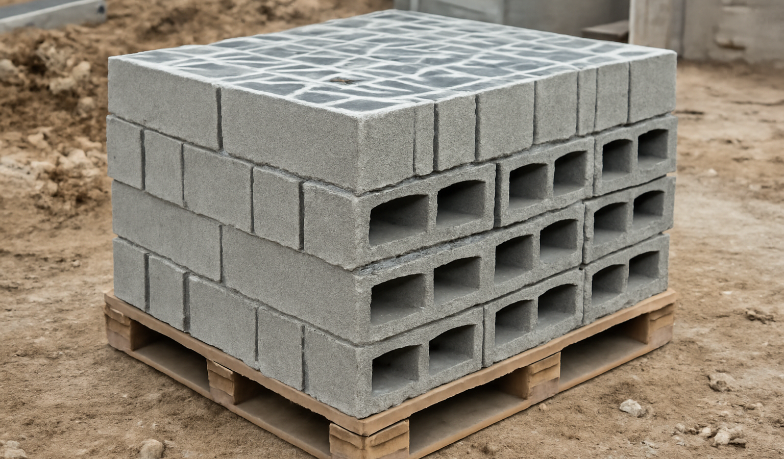 palette de parpaings empilés sur chantier