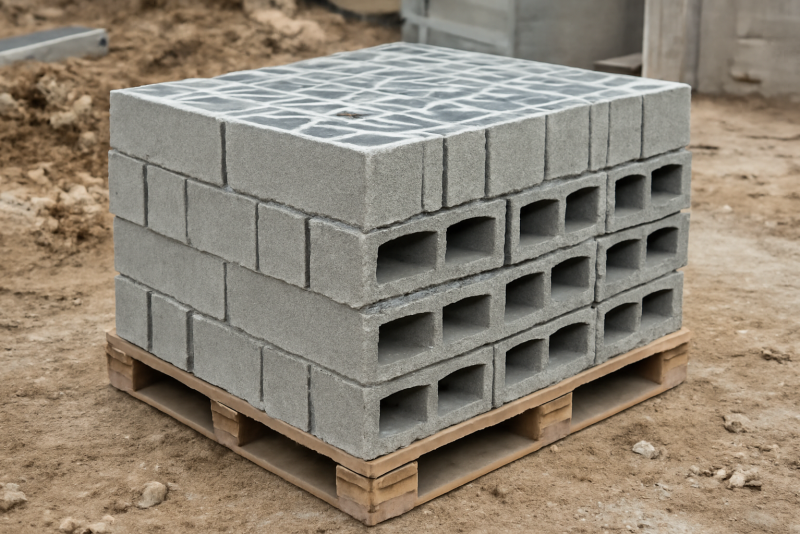 palette de parpaings empilés sur chantier