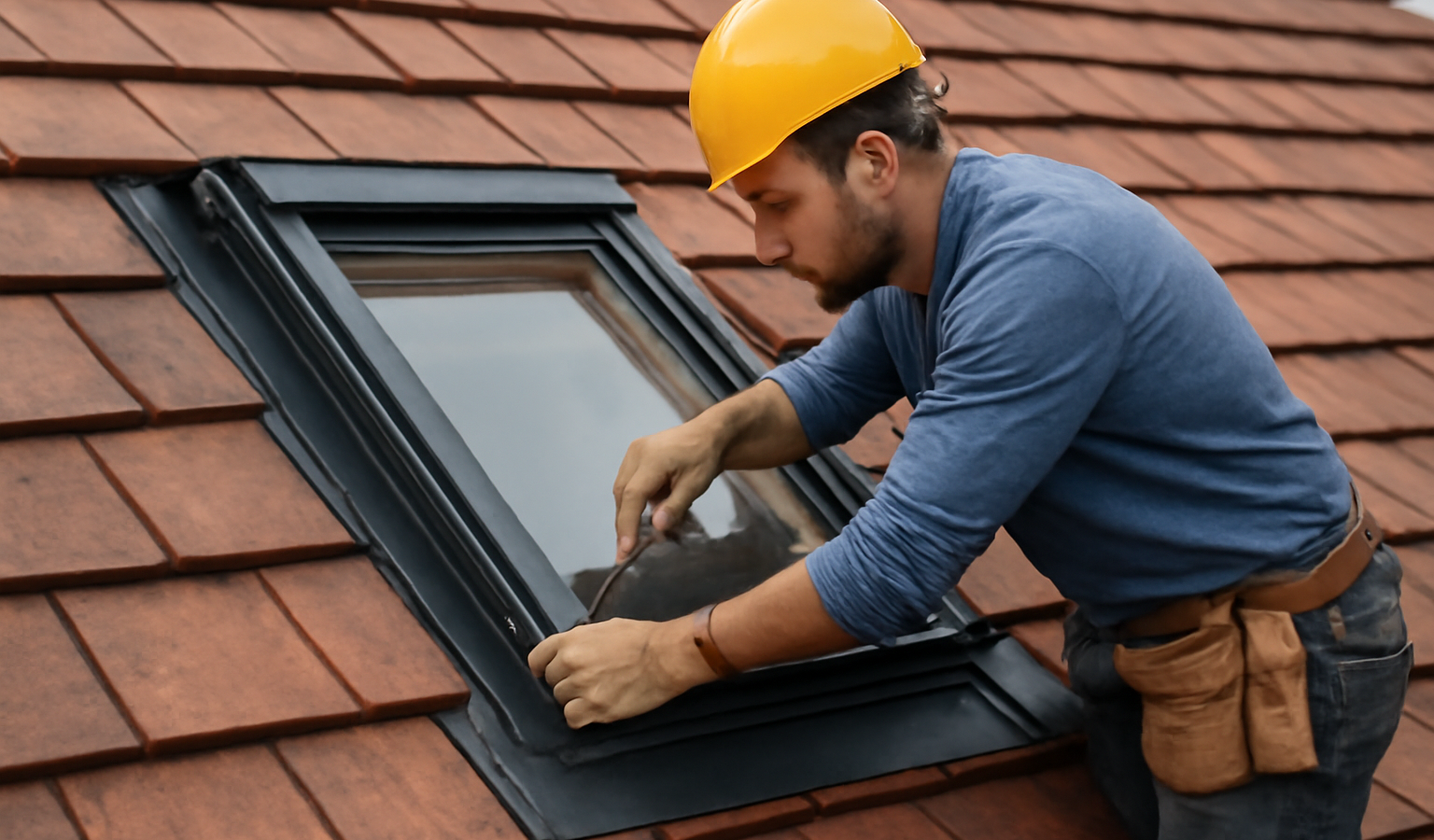 ouvrier installant une fenêtre de toit