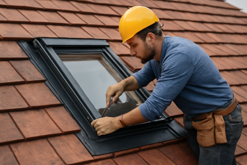 ouvrier installant une fenêtre de toit