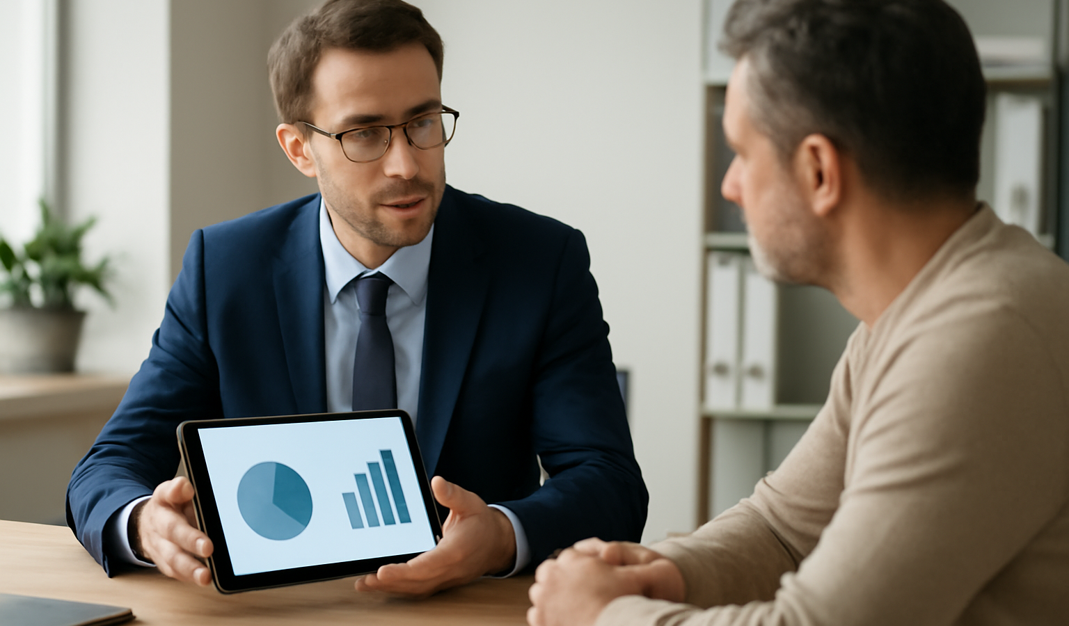 conseiller et client discutant taux sur tablette