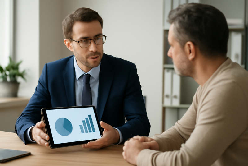 conseiller et client discutant taux sur tablette