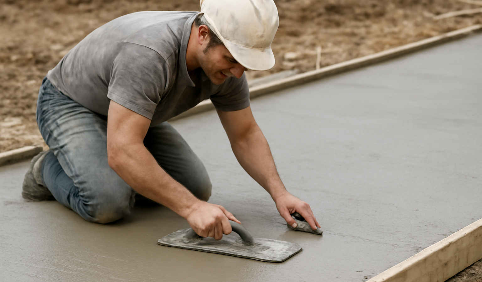 ouvrier lissant une dalle en beton