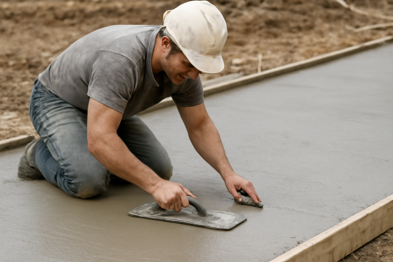 ouvrier lissant une dalle en beton
