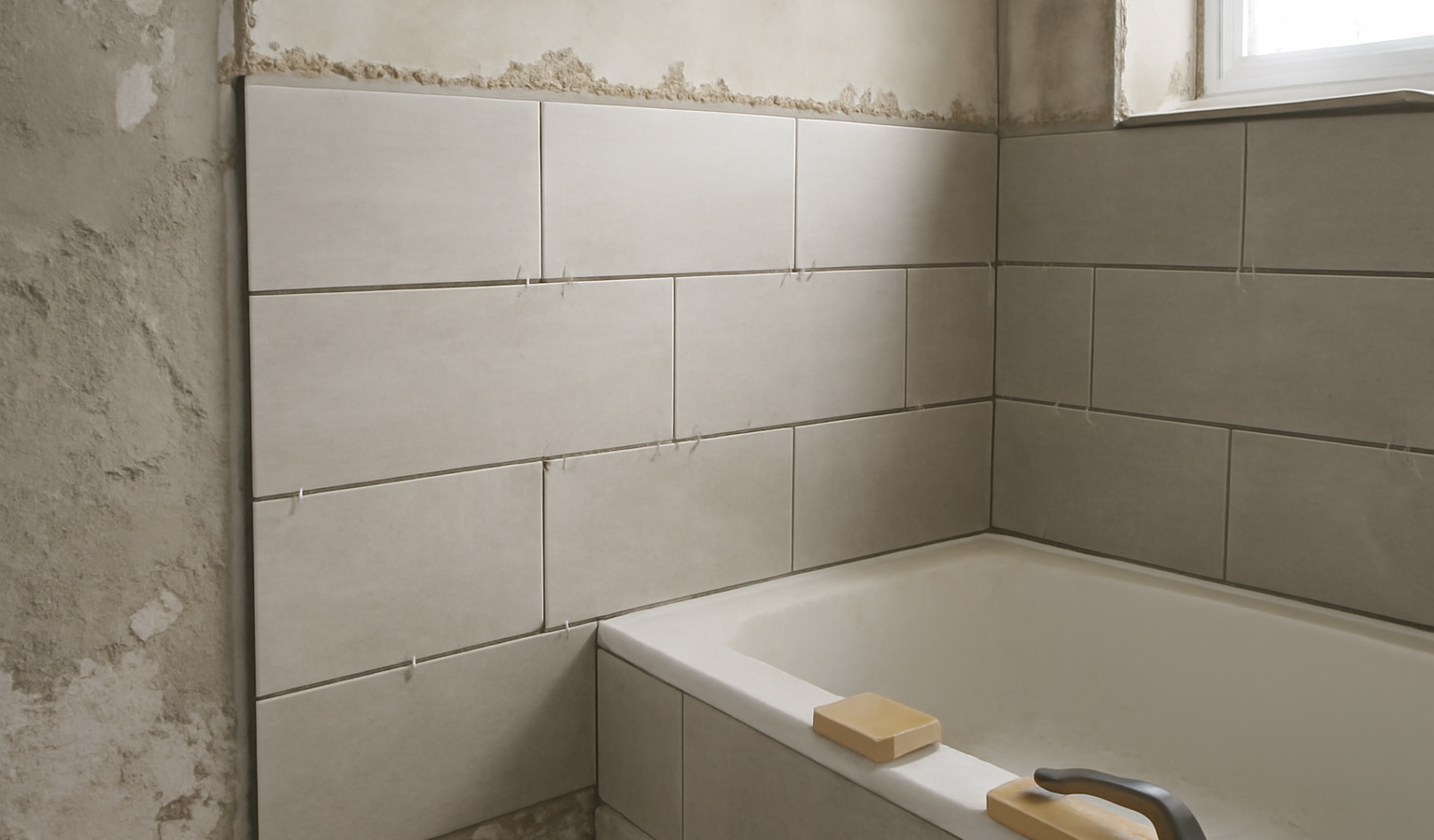 pose de carreaux dans salle de bains en renovation