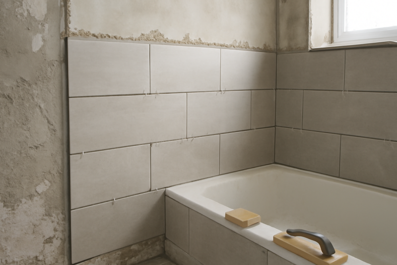 pose de carreaux dans salle de bains en renovation