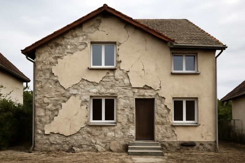 maison avec facade endommagee apres travaux