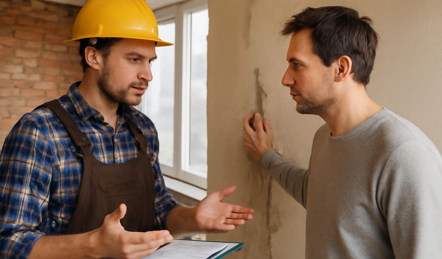 artisan et client discutant d'un défaut de chantier