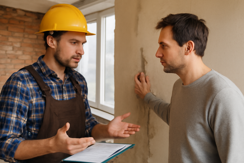 artisan et client discutant d'un défaut de chantier