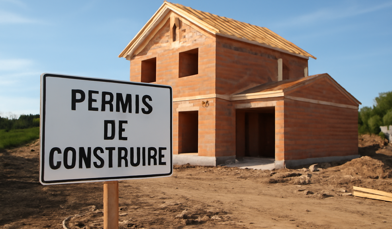 chantier avec maison partiellement construite et panneau permis