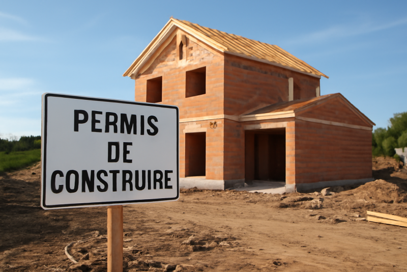 chantier avec maison partiellement construite et panneau permis