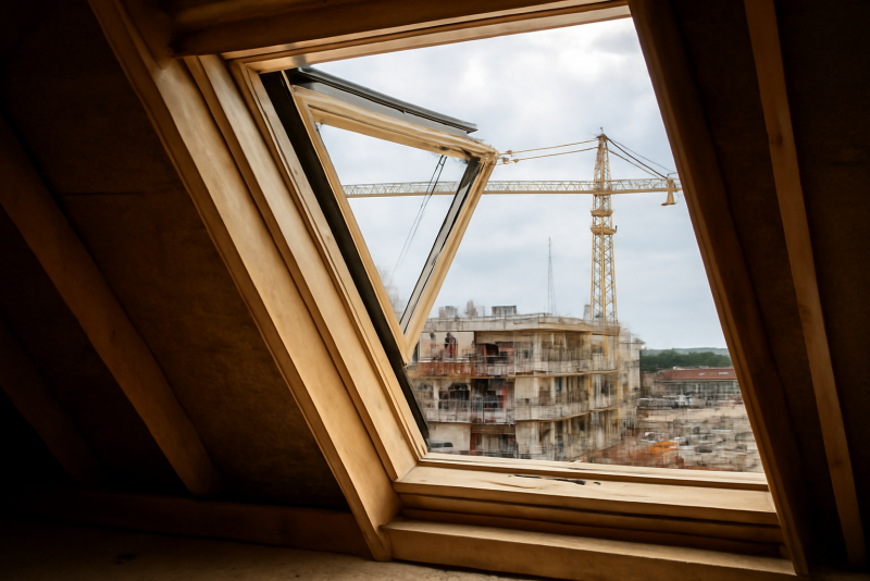 fenetre de toit ouverte sur chantier